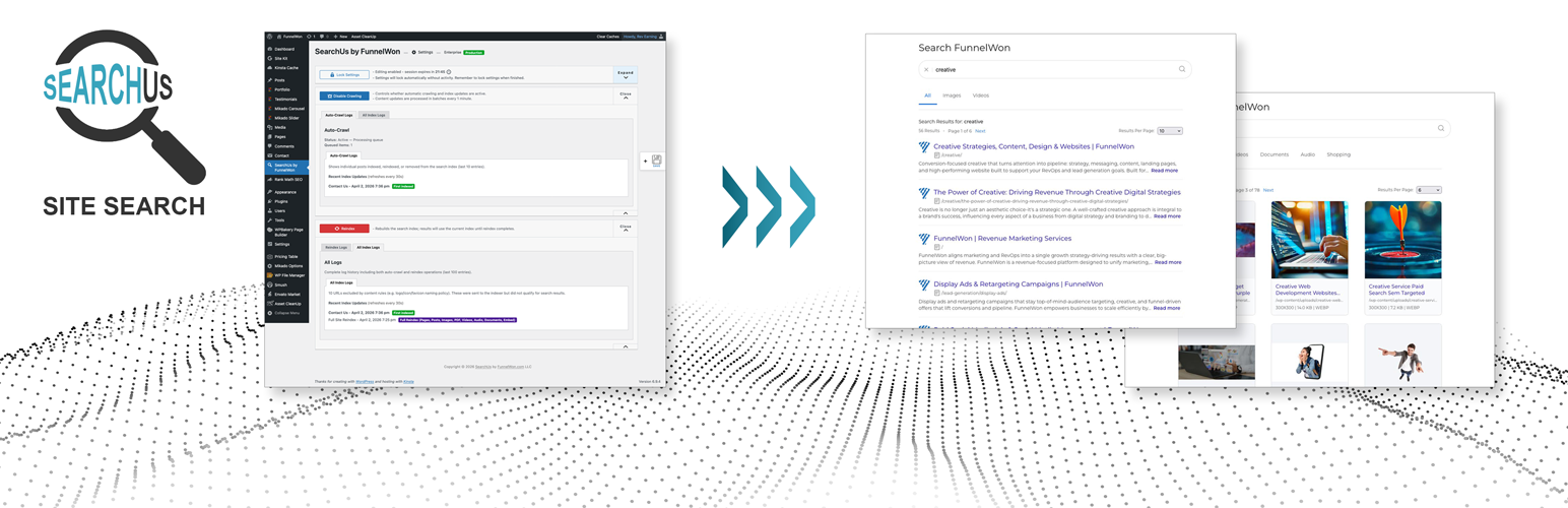 SearchUs site search: WordPress admin settings and the search results they produce.