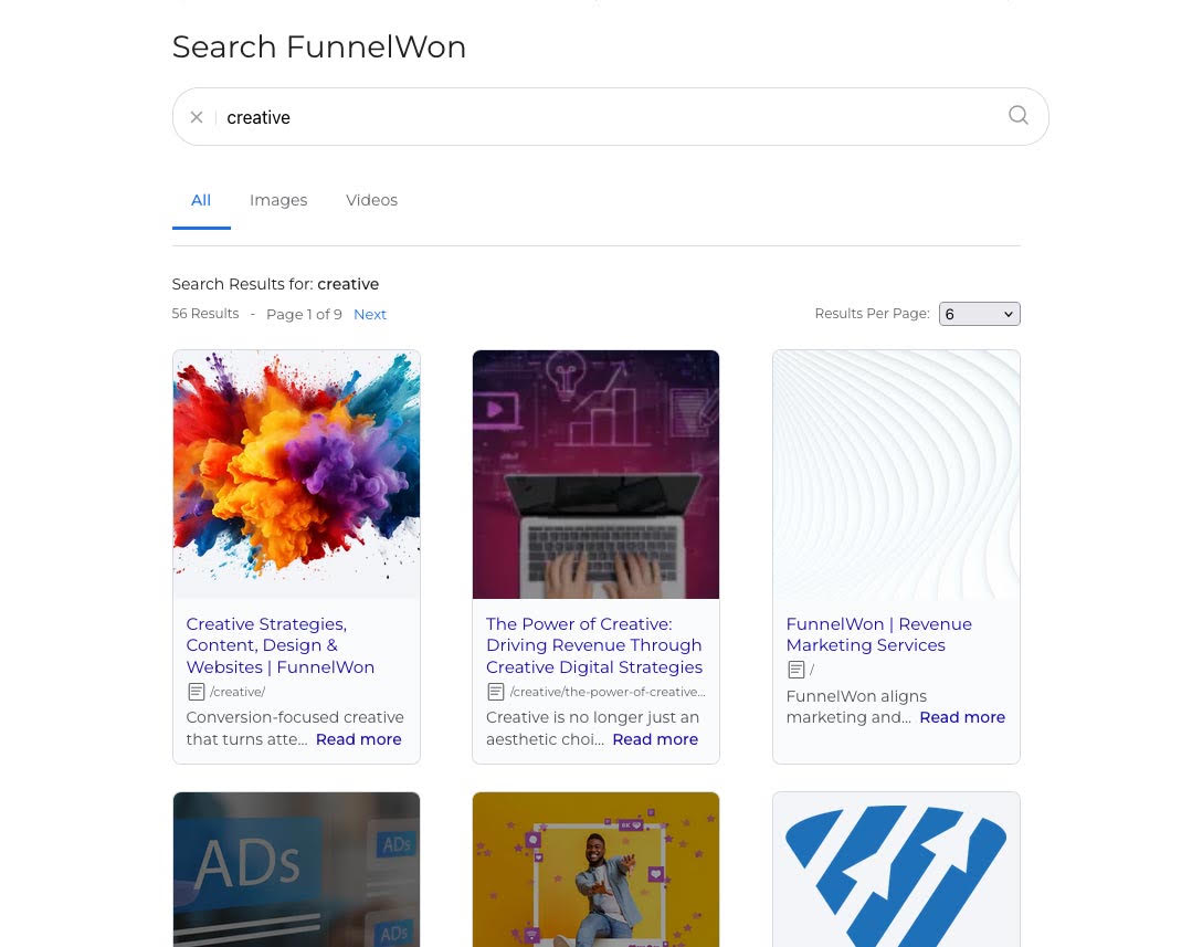 SearchUs search results page with All, Images, and Videos tabs and image result cards.